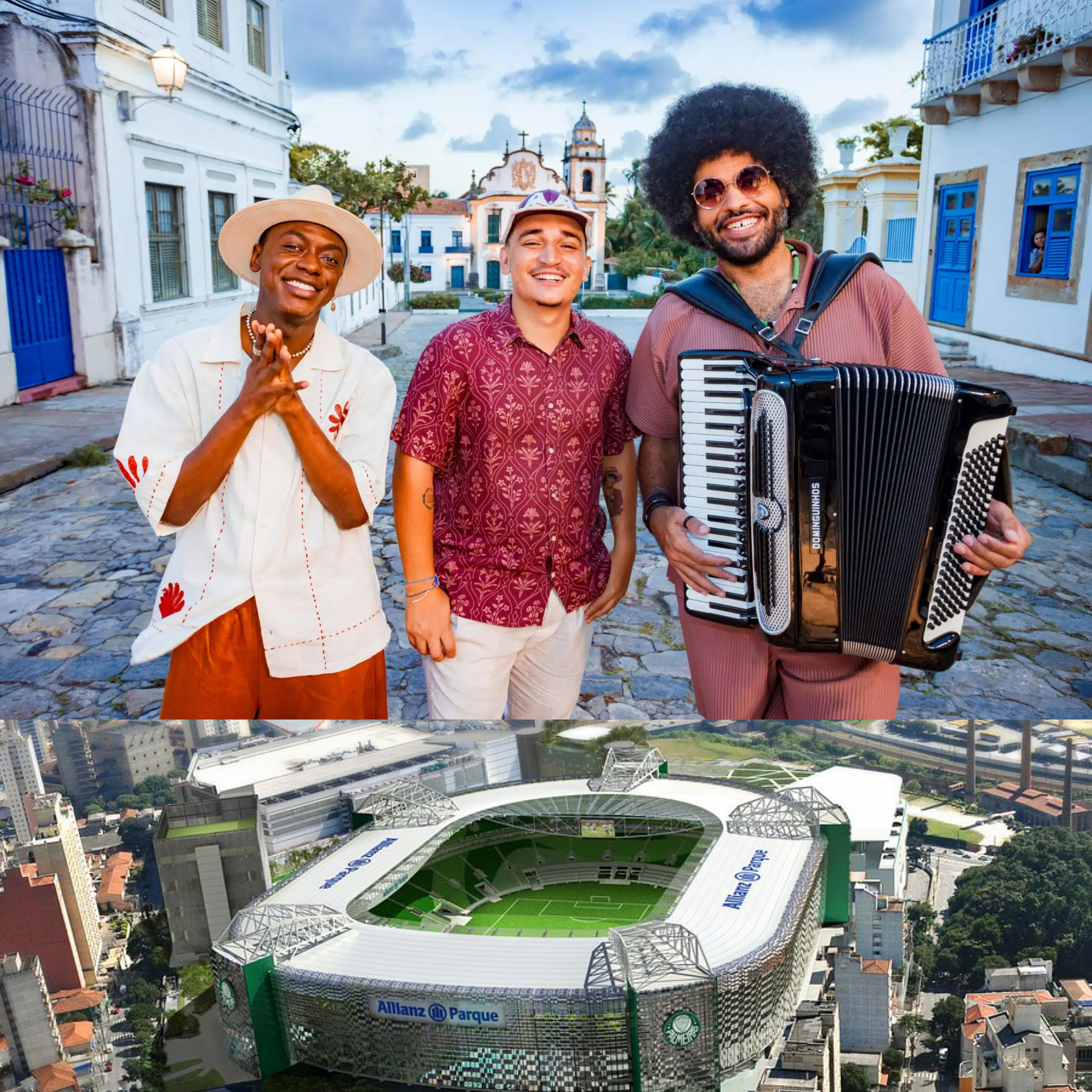 Duas imagens, acima; Jota.pê, João Gomes e Mestrinho, abaixo o Allianz Parque, estádio do Palmeiras